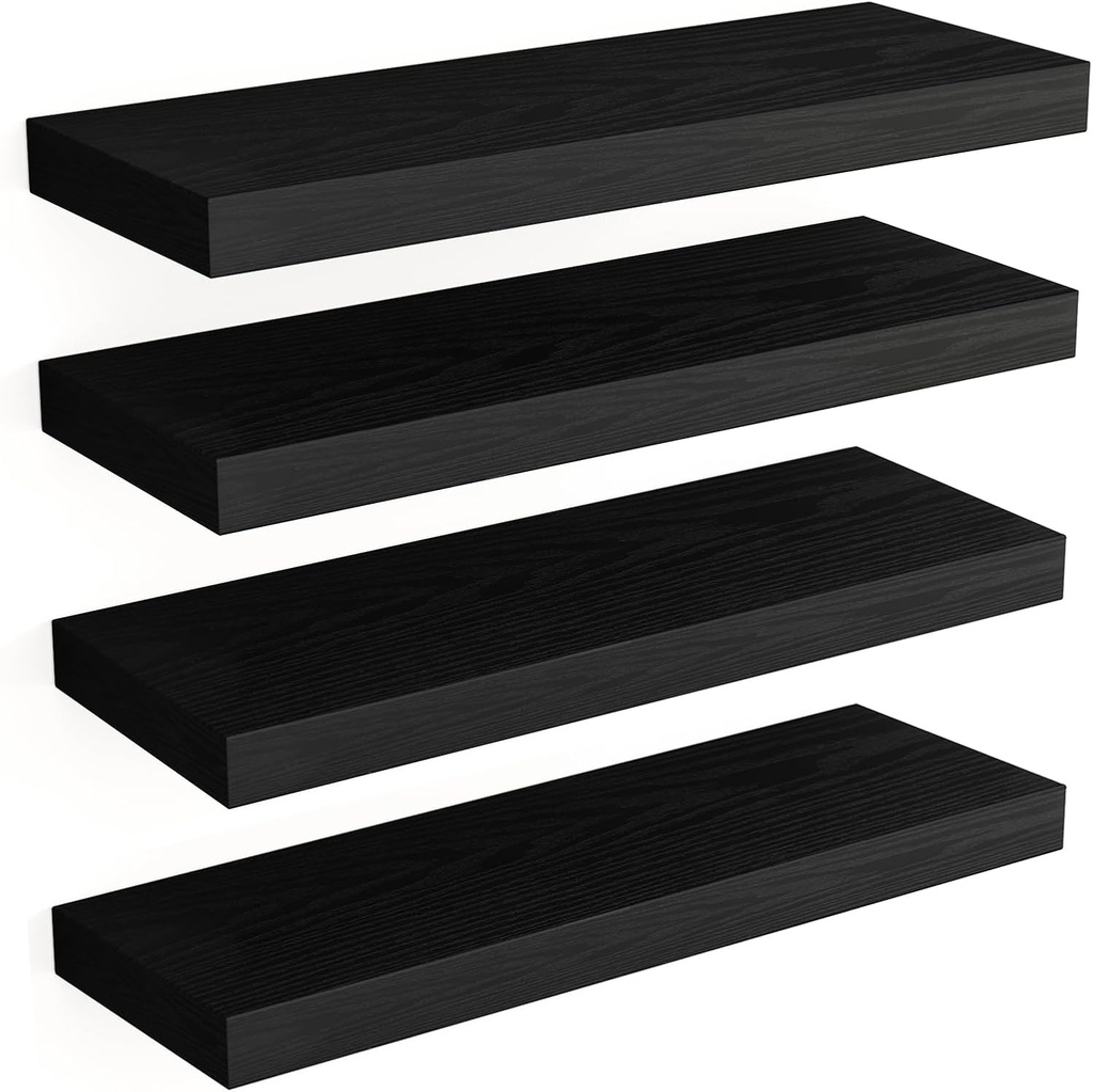 Fixwal Floating Shelves for Wall, Wall Mounted Rustic Wood Shelves for Bathroom, Living Room, Bedroom and Kitchen, Wall Shelves for Storage,Books,Room Decor (Black, Set of 4, 15.8 Inch)