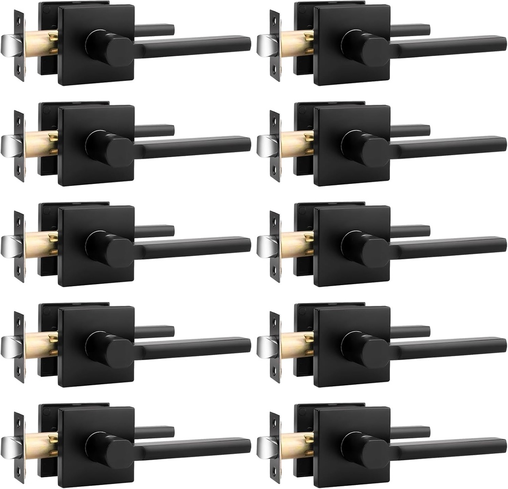 Probrico Square Black Passage Door Handle Interior Heavy Duty Keyless Door Lever Lock for Hallway Closet Slim Door Knobs Lockset, 10 Pack