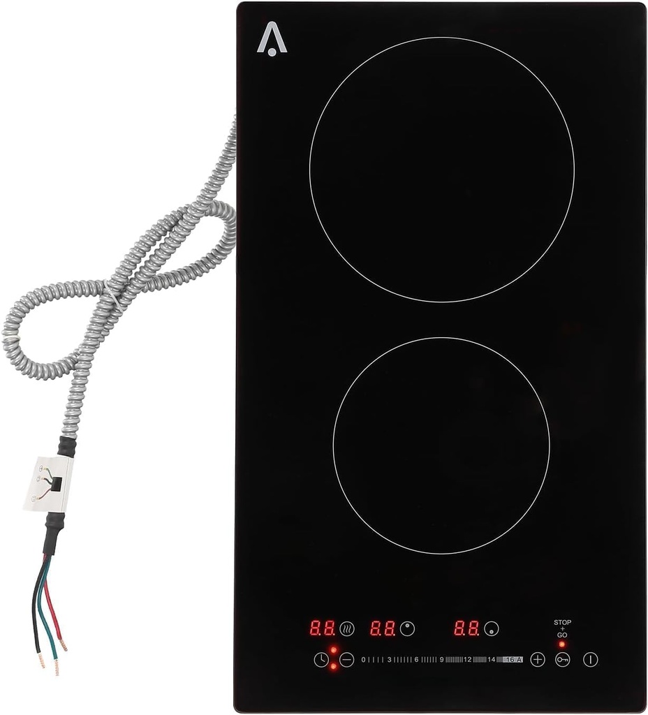 11.6" Electric Cooktop - 3000W Dual Burner Ceramic Glass Stovetop w/Child Safety Lock & Overheat Protection, 240V Hardwired, Fast Heating for All Cookware