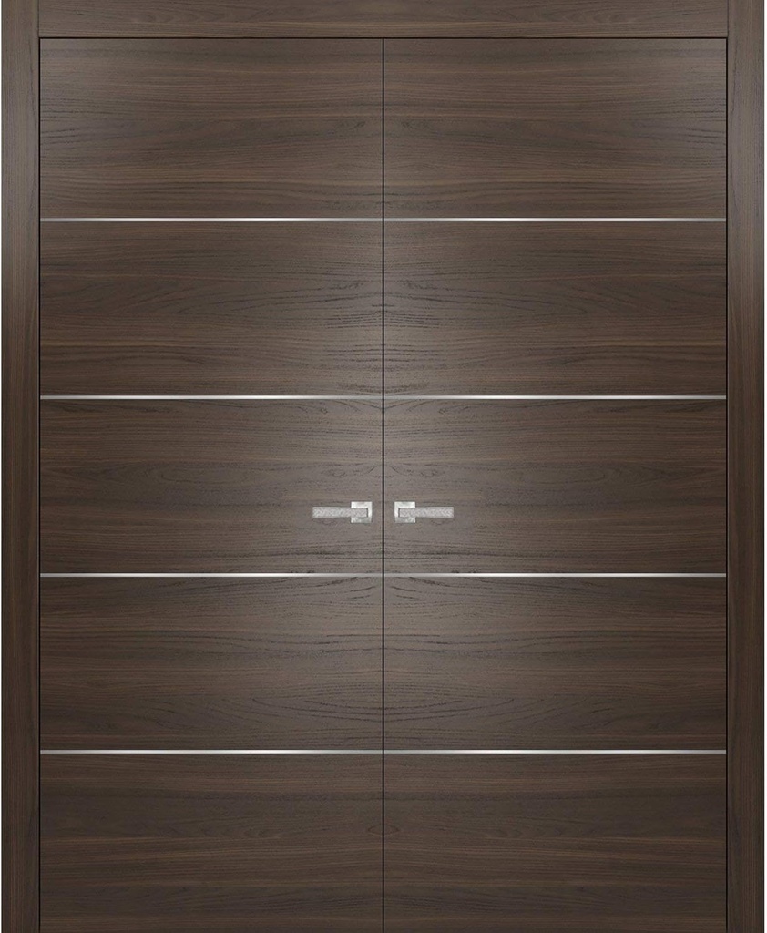 Brown Modern French Doors 48 x 80 with Moldings | Planum 0020 Chocolate Ash | Frame Trims Lever Satin Nickel Hardware | Closet Solid Core Door