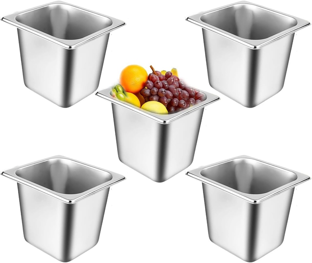 5 Pack Stainless Steel Hotel Pans，1/6 Size，6"" Deep Steam Table Pan，Commercial Food Storage Containers Stackable Metal Steamer Pan for Hotel Restaurant Buffet Party (1/6 Size x 6" Deep)