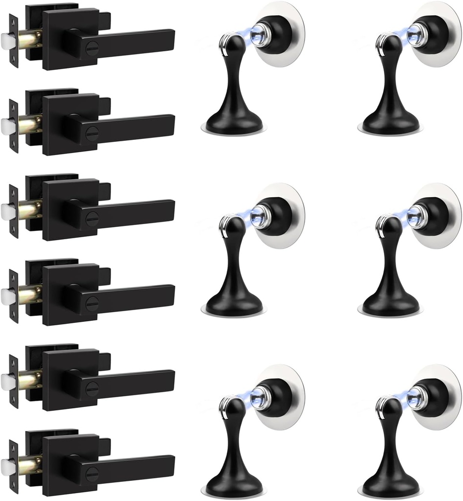 Probrico Black Square Privacy Interior Door Levers and Black Magnetic Door Stoppers for Bottom of Door