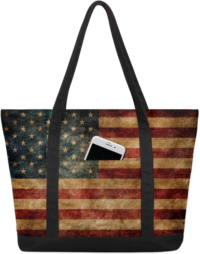 Vintage American Flag Tote Bag Tote Bag for Women Reusable Grocery Shopping Cloth Bags with Zipper Large Capacity Foldable Handbag Gym Bag for Gift Activity