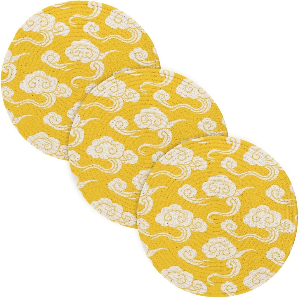 3 Pcs Large Trivet for Crock Pot White Chinese Auspicious Clouds Pattern Yellow Background 15in Polyester-Cotton Thread Weave Plate Holder alfombrilla de para cocina