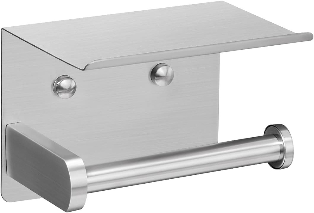 VAEHOLD Self Adhesive Toilet Paper Holder with Phone Shelf Stainless Steel Wall Mounted Toilet Paper Roll Holder - Rustproof and Bathroom Washroom Tissue Roll Holder with Storage Shelf - Silver