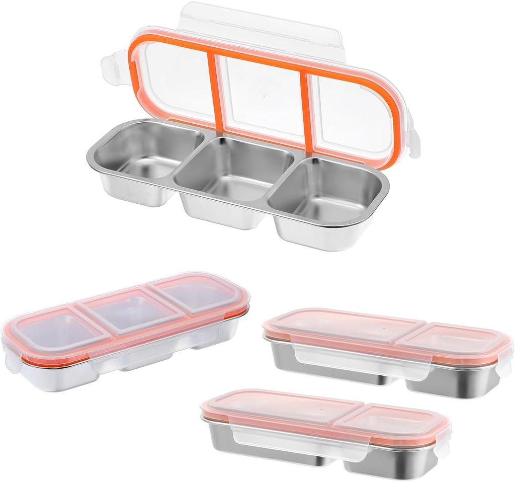 4 Pack Stainless Steel Snack Containers with lids - Go Divided Snack Food Storage Containers with tableware, 2 & 3 Compartment Snack Container for School, Travel and Camping