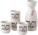 Ceramic Lucky Cat Japanese Sake Set,1 Tokkuri Bottle and 4 Ochoko Cups