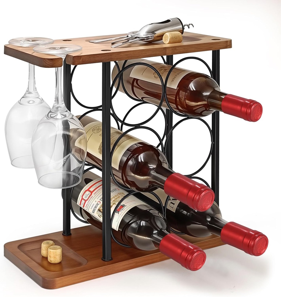 Wooden Wine Racks Countertop with Tray, Wine Bottle Holder for 6 Bottles & 2 Glasses, Perfect for Kitchen, Bar, Table, Cabinet, Wine Cellar