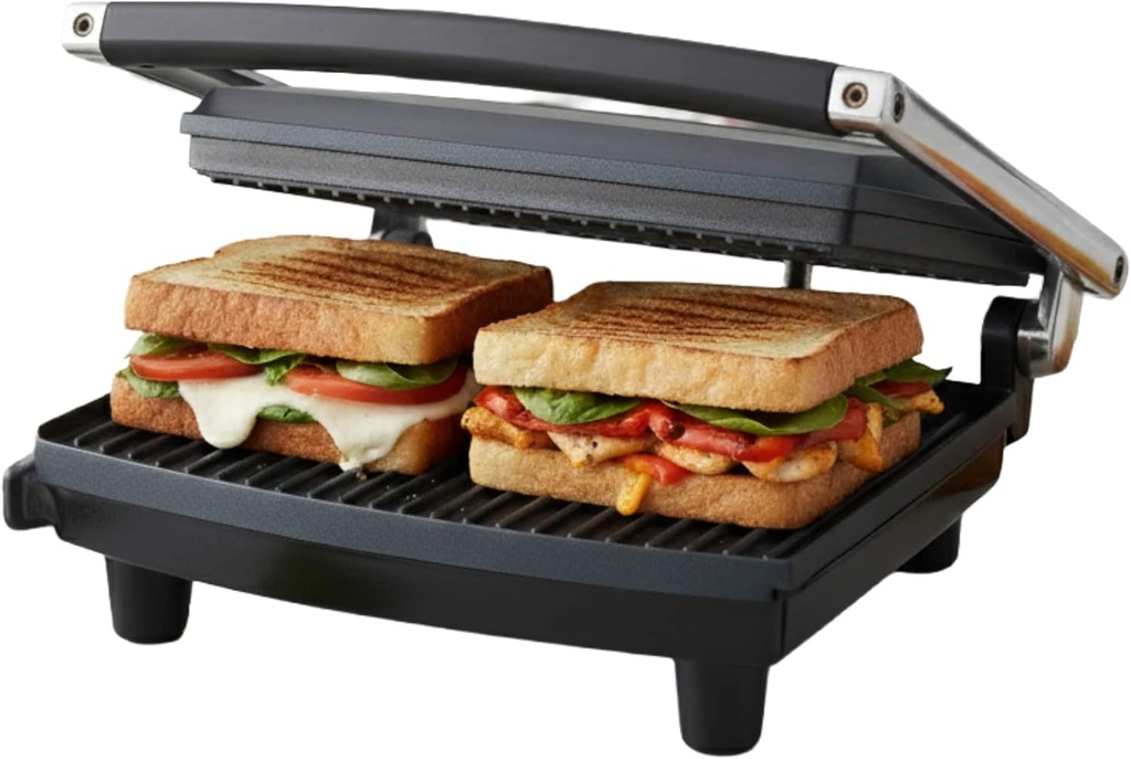 Panini Press Gourmet Grilled Cheese and Sandwich Maker - Electric Indoor Grill with Drip Tray for Healthy Cooking Options (Silver)