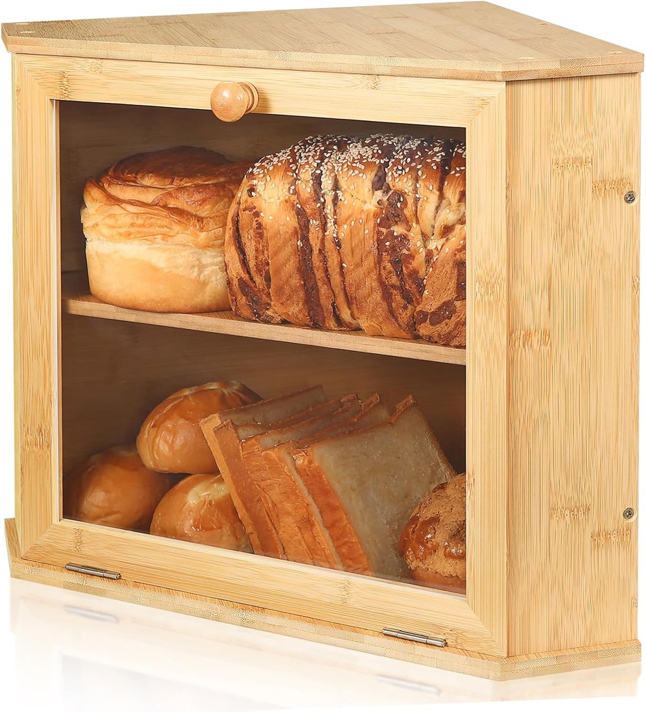 Double Layer Corner Bread Box - Bamboo Large Capacity Breadbox - Bread Box for Kitchen Countertop with Adjustable Separator, Easy to Assemble - Modern Bread Container for Bread Food Fruit Storage