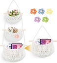 3 Tier hanging fruit baskets for kitchen with deco flowers, Boho Detachable Hanging basket with Tassels, Woven Cotton Wall Basket, Storage for Kitchen Living Room Bathroom Bedroom (White)