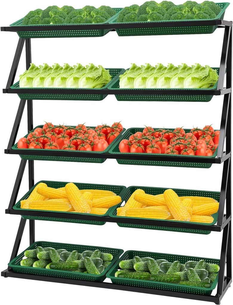 5 Tier Market Shelf Retail Display Rack Fruit Vegetable Snack Basket Set,Supermarket Fruit and Vegetable Display Shelf 5 Layer Fresh Goods Shelf (Green)