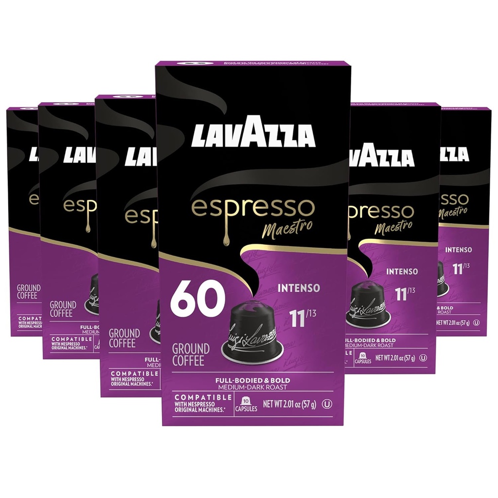 Lavazza Espresso Maestro Intenso Aluminum Capsules Compatible with Nespresso* Original Machines, Medium-Dark Espresso Roast, Arabica and Robusta (60 Capsules)