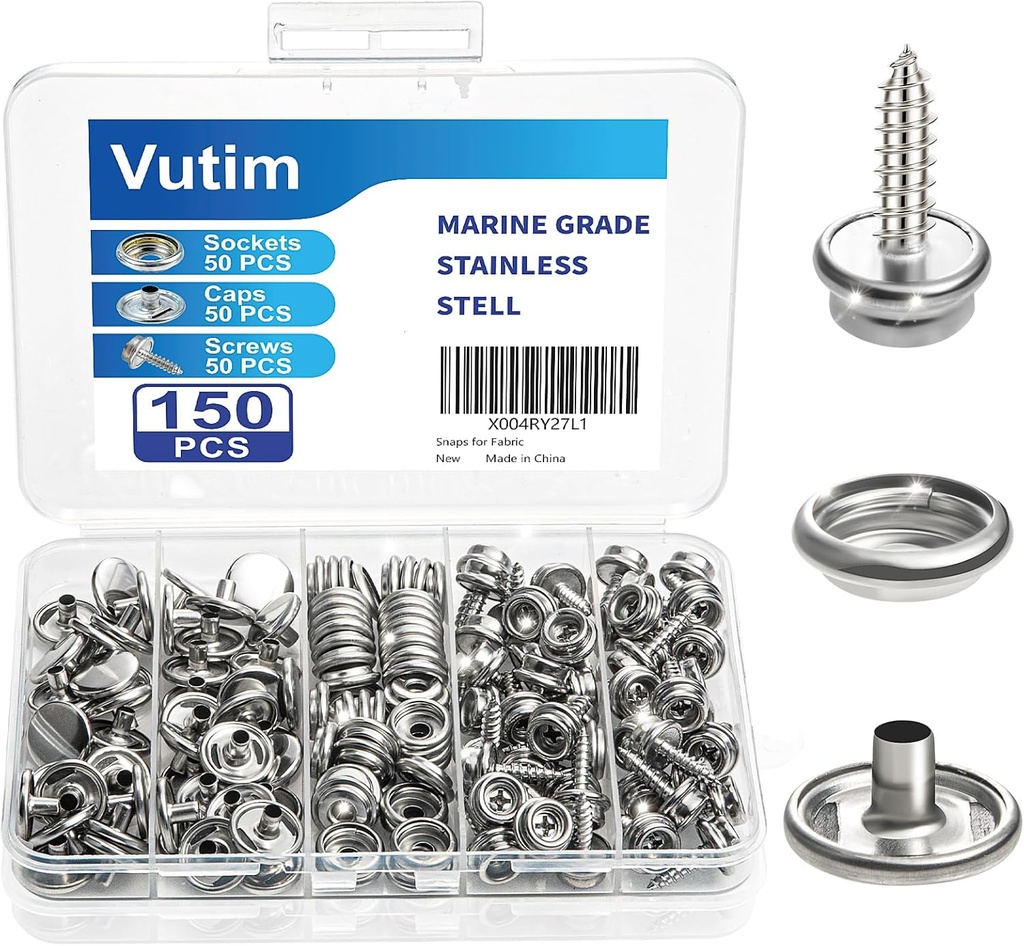 150 PCS Canvas Snap Fastener Tool Set, Vutim Marine-Grade 3/8" Stainless Steel Snaps, Metal Snap Fastener Kit, Leather Repair Kit for Boats, Canvas, Leather Goods, Tents, and Awnings