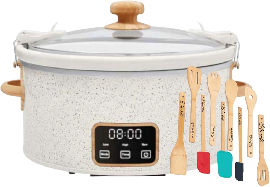Generic Pioneer Woman 6 QT Slow Cooker, Locking Lid, Removable Crock, Digital, Model, With Gadgets 9 Pieces Utensil Natural Bamboo Bundle, Speckled Linen