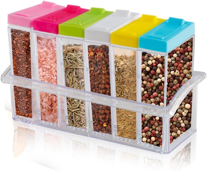Spice Shaker Jars, 6 in 1 Spice Shakers Spice Jars Spice Pots Cruet Jars Condiment Bottles Kitchen Storage Containers with Lid & Tray for Salt Pepper Sugar (Clear)