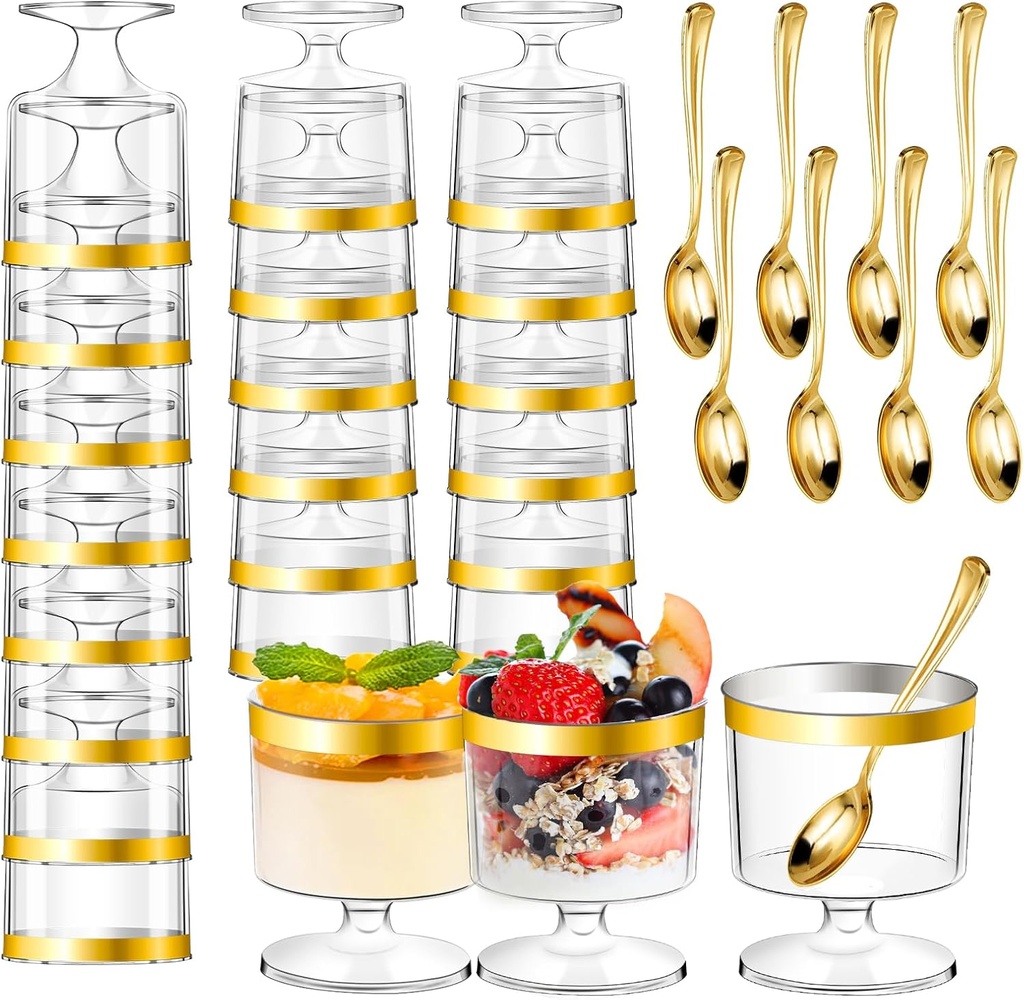 DI QIU REN 120 Pcs 5oz Dessert Cups with Gold Rim and Golden Spoon, Plastic Dessert Parfait Cup Clear Appetizer Pudding Cup, Round Serving Goblet Cups Shot Glasse (Round Goblet with Gold Rim-60Pack)
