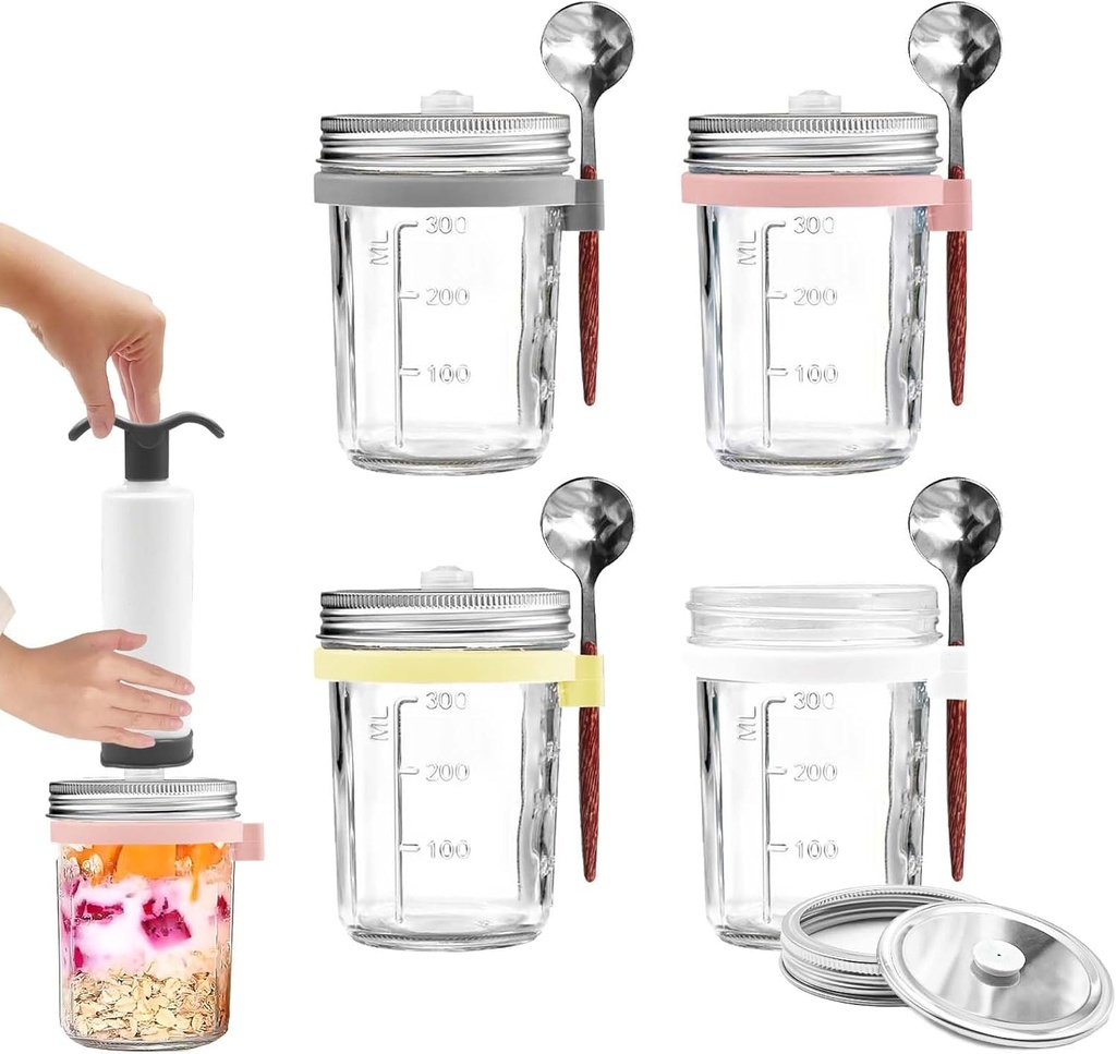 Daily Treasures 4 Pack Vacuum Sealed Oatmeal Jars with One-way Valve Sealing Lid and Manual Air Pump,Built-in Scale Design Meal Prep Cups with Stainless Steel Spoon（Pink,White,Yellow,Grey）