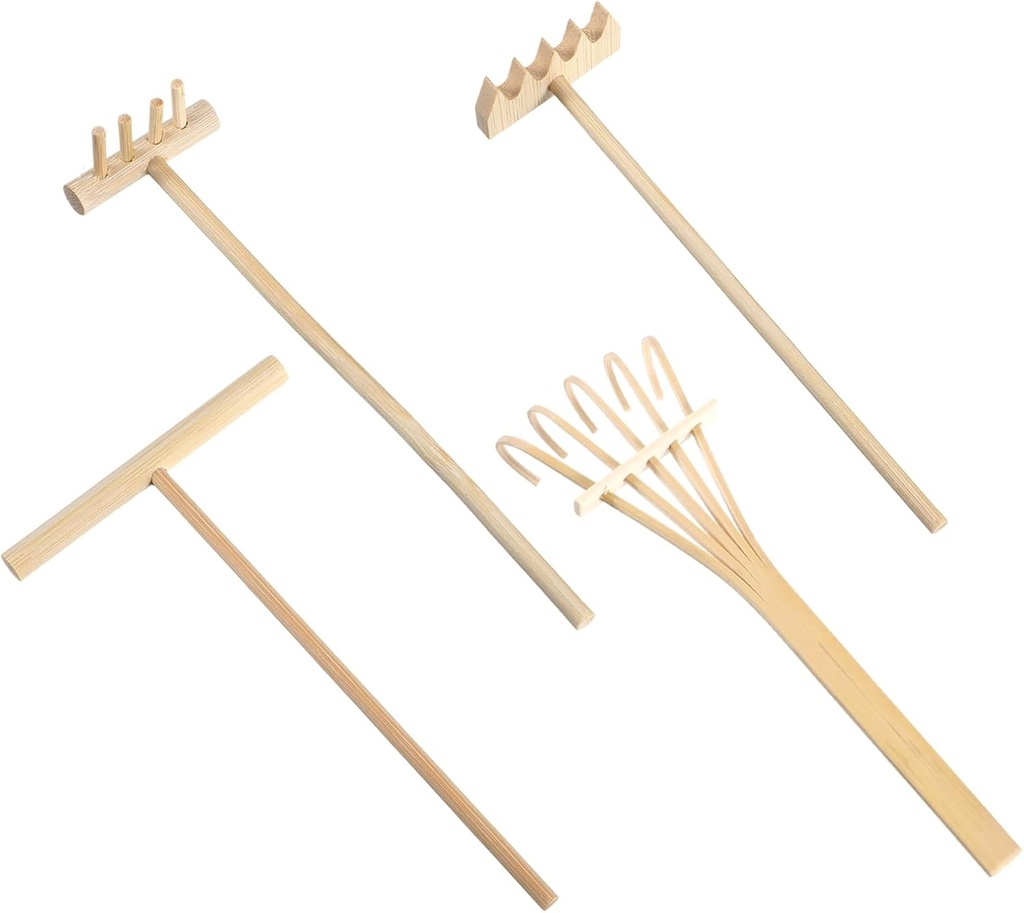 4 Pack Zen Garden Rake, Mini Bamboo Zen Garden Tools, Rock Zengarden Accessories for Home Office Tabletop Decor (4 Style)