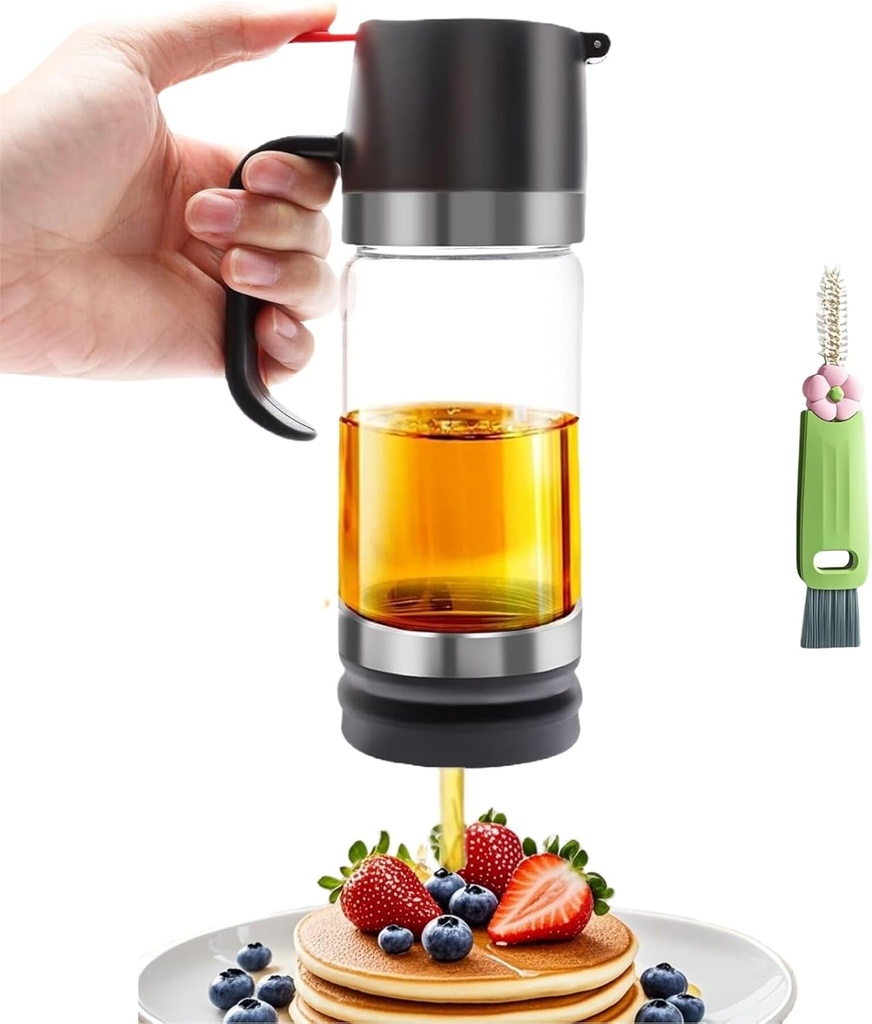 12OZ Glass Honey Dispenser No Drip with Stand, Coffee Syrup Dispenser Honey Pot Jar for Coffee Tea Pancake Bread (Black, 350ml)