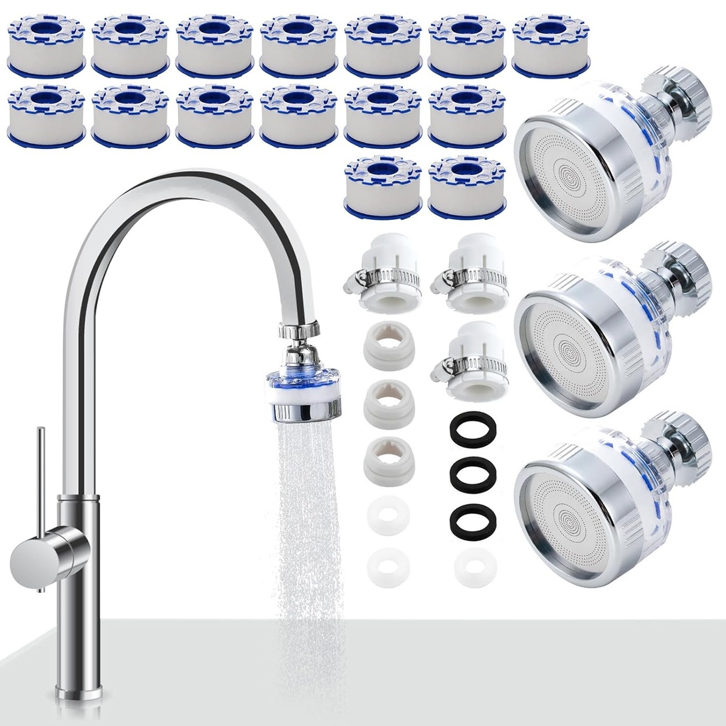 3 Pack Sink Water Filter Faucet, 360 ° Rotating Bathroom Sink Faucet Filter with Filter Elements Set, Faucet Water Purifier Removes Chlorine Fluoride Heavy Metals Hard Water for Kitchen & Bathroom