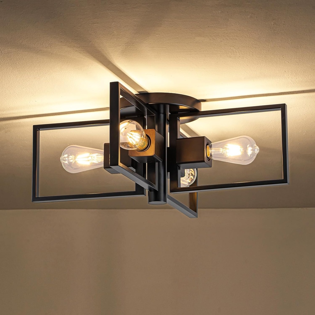 Industrial Ceiling Light Black 4 Light Semi Flush Mount Lights Wood Sputnik Light Fixture 24" Farmhouse Ceiling Light for Kitchen Bedroom Bathroom Foyer Hallway(E26
