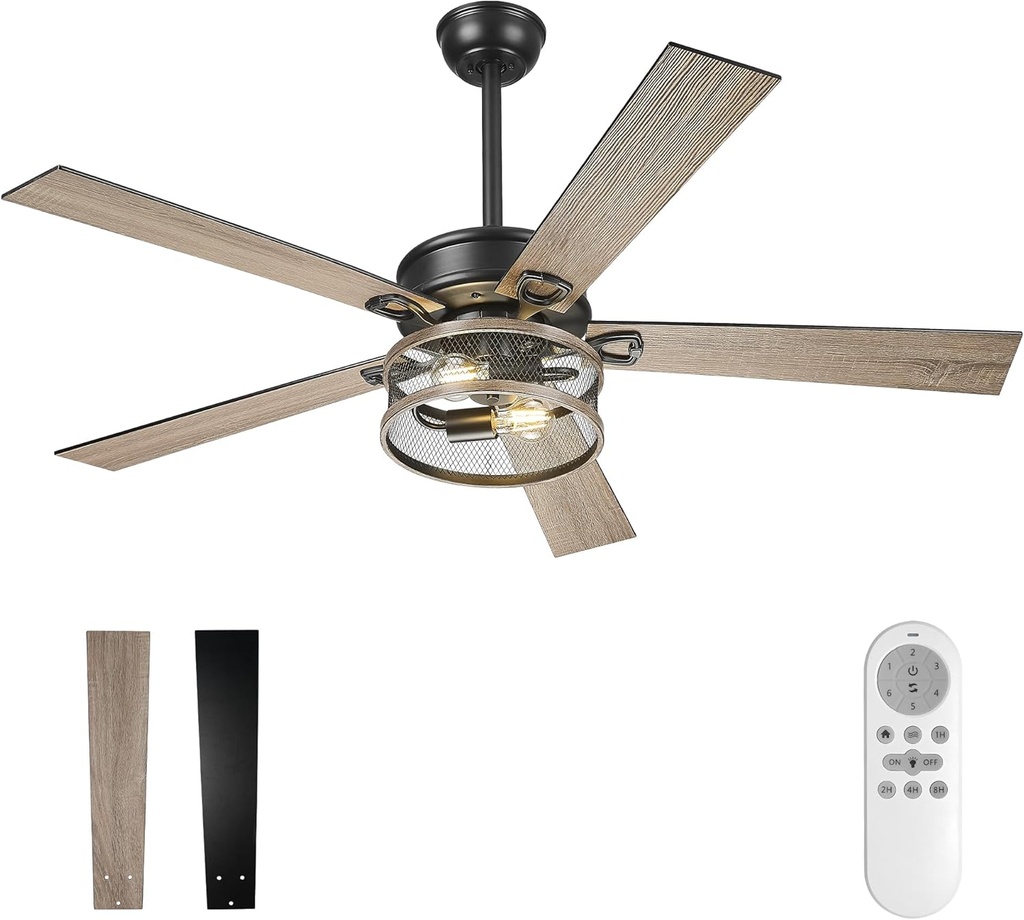 52 Inch Farmhouse Ceiling Fan with Light (Remote control to control fan speed) Black Industrial Caged with 5 Speed Reversible Motor and Dual Finish 5 Blades, Rustic Ceiling Fan for Living room