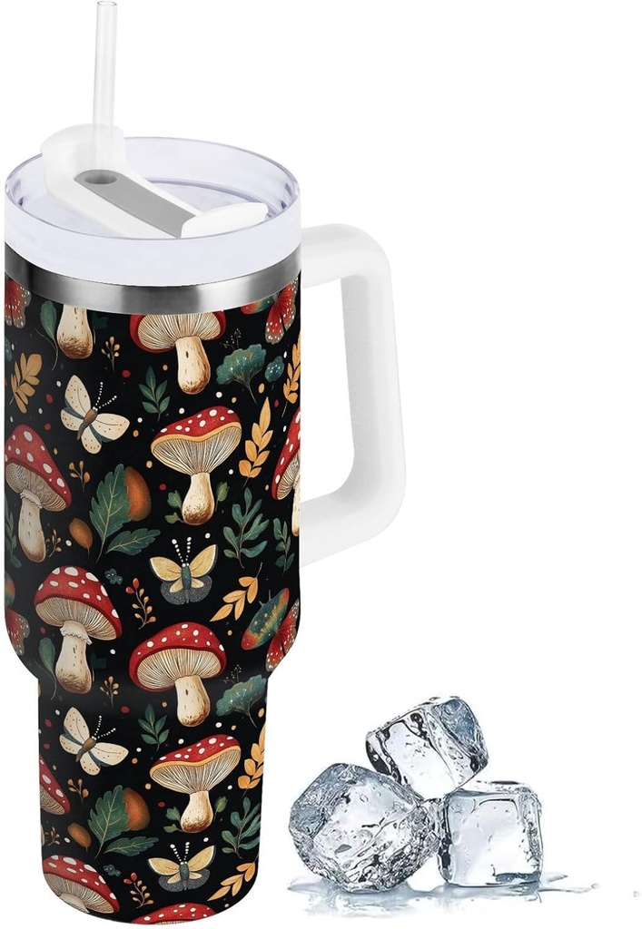 Agaric Mushroom Animal Autumn Tumbler with Handle 40 oz Travel Mug with Lid and Straw Stainless Steel Vacuum Insulated Water Bottle Cup for Iced Tea Coffee Cold Beverages Cup Holder Friendl