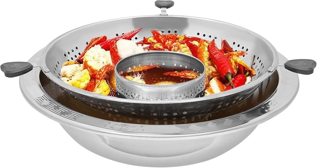 Chinese-Style Lifting Hot Pot with Divider and Filter Grid - Large Capacity 8-12 Person Fast Heating Flat Bottom Pot for Family Friends Parties Restaurants