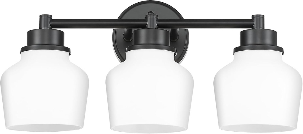 Emak Modern Black Bathroom Lighting Fixtures Over Mirror, Farmhouse 3-Light Vanity Lights with Milk Glass Shade for Bathroom, Mirror, VL122-BK-ML-3
