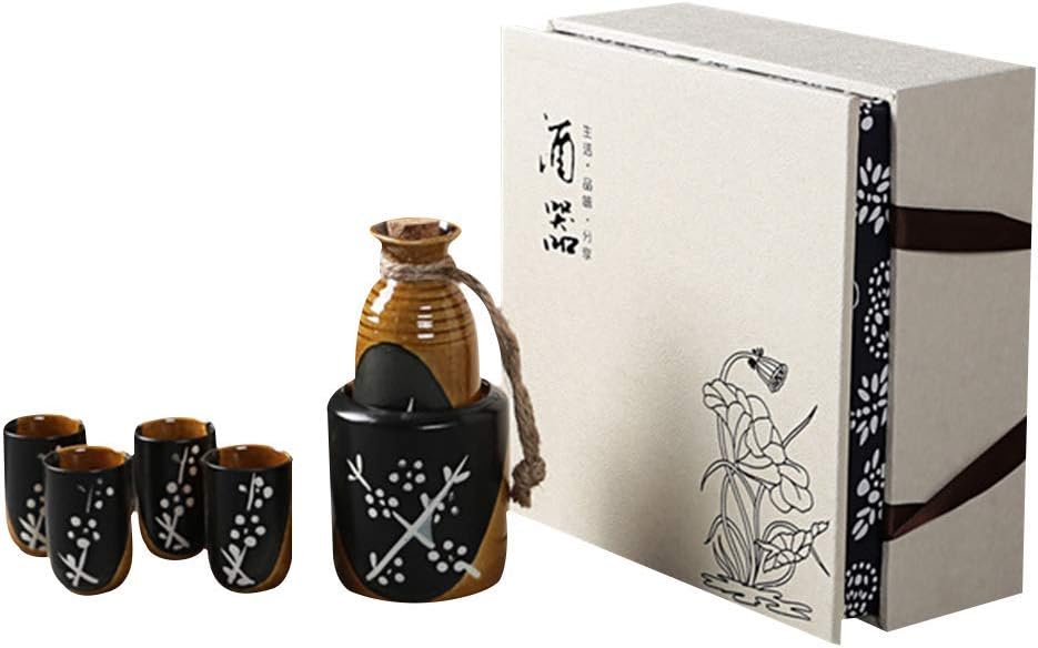 6 Piece Sake Set Japanese Sake Cup Set White Glaze Texture Ceramic Cups Craft Wine Glass Gift Box Set Best Gift for Family and Friends Cyan (Green) (Brown)