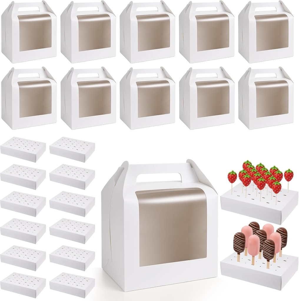 12Pcs Portable Cake Pop Holder Boxes, White Candy Boxes with Clear Window Cakes Pop Boxes Packaging Gift Cakes Pop Stand for Lollipops, Candy Pops, Wedding Birthday Baby Shower Party