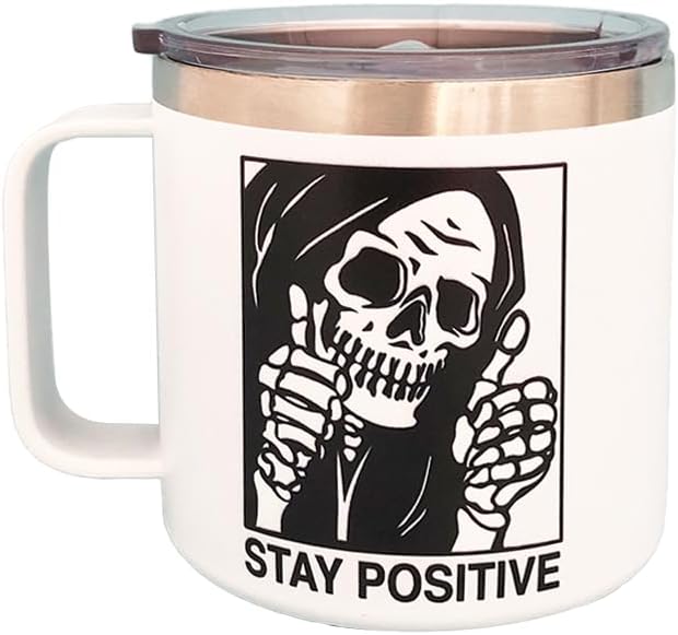 EXIGENT Funny Stay Positive Skull Coffee Tea Cup Mug Collectible 14Oz Ounces Birthday Gifts Decorations (SKULL)