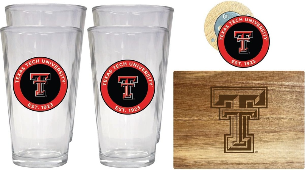 R and R Imports Texas Tech Red Raiders Officially Licensed Kitchen Pack - Wood Cutting Board, 4 Pint Glasses & Magnetic Bottle Opener