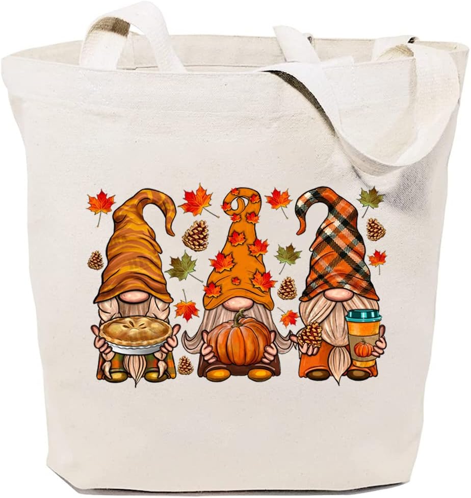 Cute Fall Gnomes Canvas Tote Bag for Women Aesthetic Autumn Leaves Pumpkin Reusable Grocery Bag Thanksgiving Day Gift
