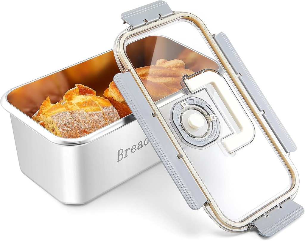 1 Pcs Large Stainless Steel Bread Container with Lid, Time Recording Bread Storage Container for Homemade Sourdough Sandwich Airtight Food Box for Kitchen Counter (13.39 x 7.28 x 5.51 Inch)