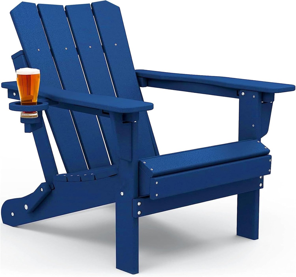 Adirondack Chair Oversized Folding Adirondack Chairs Recyclable HDPE Modern Adirondack Chair with Cup Holder Poly Lumber Patio Chairs for Pool Patio Garden Outdoors Fire Pit Blue