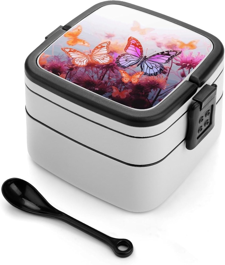 Stackable Double-Layer Bento Box Color Butterfly Flower Adults Lunchbox With Spoon Cute Japanese Bento Box Dishwasher Safe for Work Travel Dining Outc