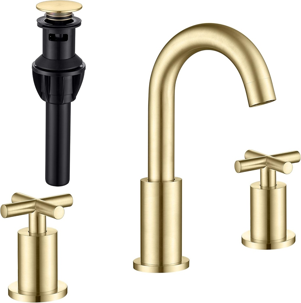 Brushed Gold 8 Inches Widespread Bathroom Faucet, 2 Handle Brass Bathroom Faucet 3 Hole for Sink with Valve and Pop Up Drain Assembly by ChiLDano, CH2133BG