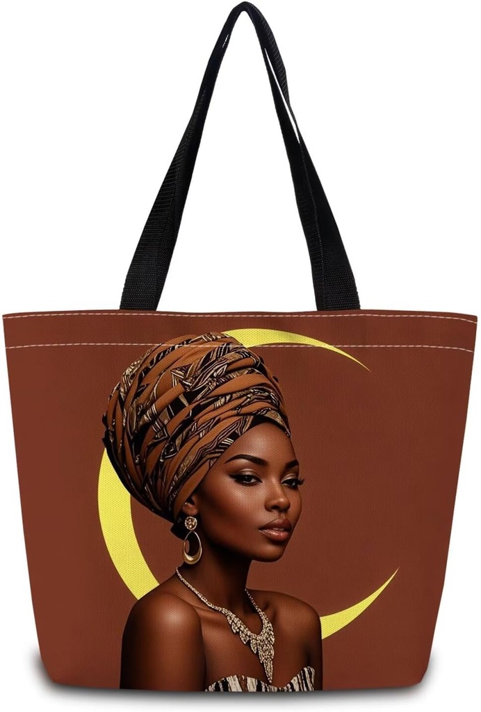 African American Tote Bag Reusable Grocery Bags Aesthetic Shopping Shoulder Handbag with Interior Zipper Pocket Stylish Brown Moon Present for Women