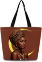 African American Tote Bag Reusable Grocery Bags Aesthetic Shopping Shoulder Handbag with Interior Zipper Pocket Stylish Brown Moon Present for Women