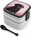 Cute Black Pug Stackable Bento Box Double-layered Leak-Proof Lunch Box 1L Capacity Portable Lunchbox Durable Drop-Proof for Work Picnic Travel
