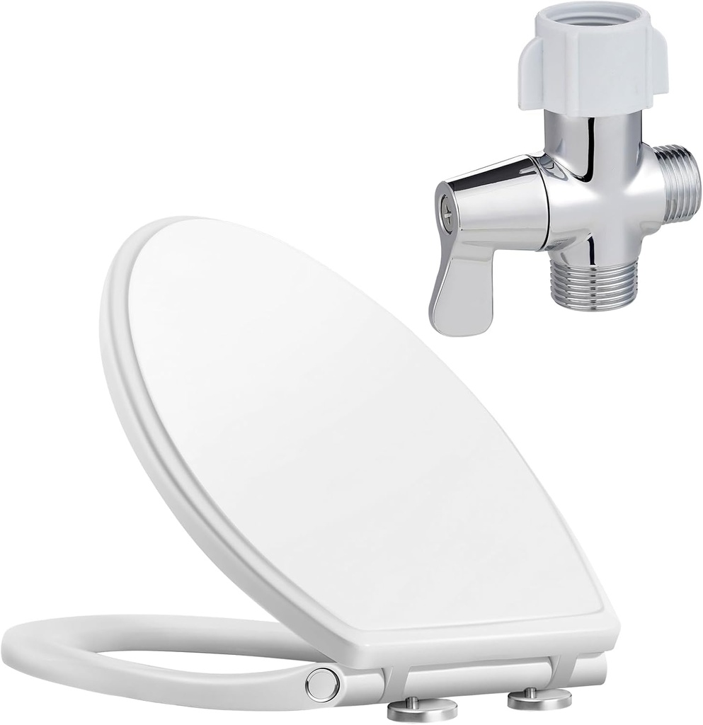 Hibbent Premium Elongated Toilet Seat with Bidet T Adapter with Shut off Valve(7/8” x 7/8” x G1/2 or 3/8")