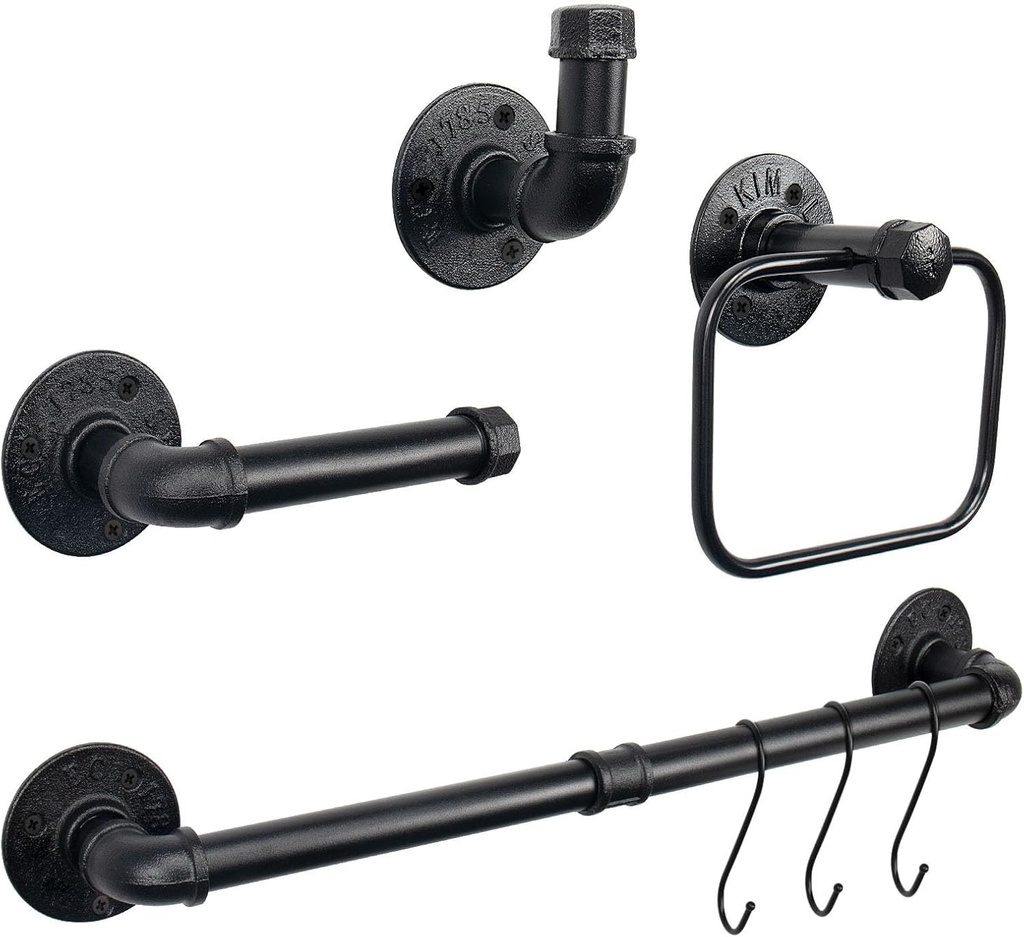 4-Pieces Industrial Pipe Bathroom Towel Ring Kit DIY Wall Mount Accessories Kit Includes Robe Hook Towel Bar and Towel Ring (24 inch)