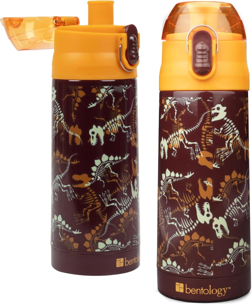 Bentology Stainless Steel 13 oz Reusable Water Bottle for Kids, Dinosaur - Double Wall Insulated, Spill Proof Lid w/Built-in Straw- Keep Liquids Hot or Cold For Hours- Fits in Lunch Boxes & Bags