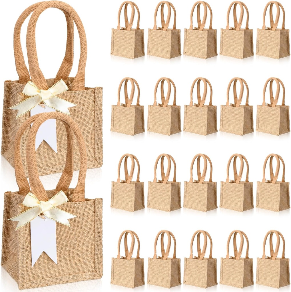 Silkfly 20 Pcs Mini Burlap Jute Tote Bags with Handle Small Blank Reusable Market Grocery Bags for Teacher Bridesmaids Wedding Gift Shopping DIY Travel Beach Thanksgiving Christmas (5 x 5 x 4 in)