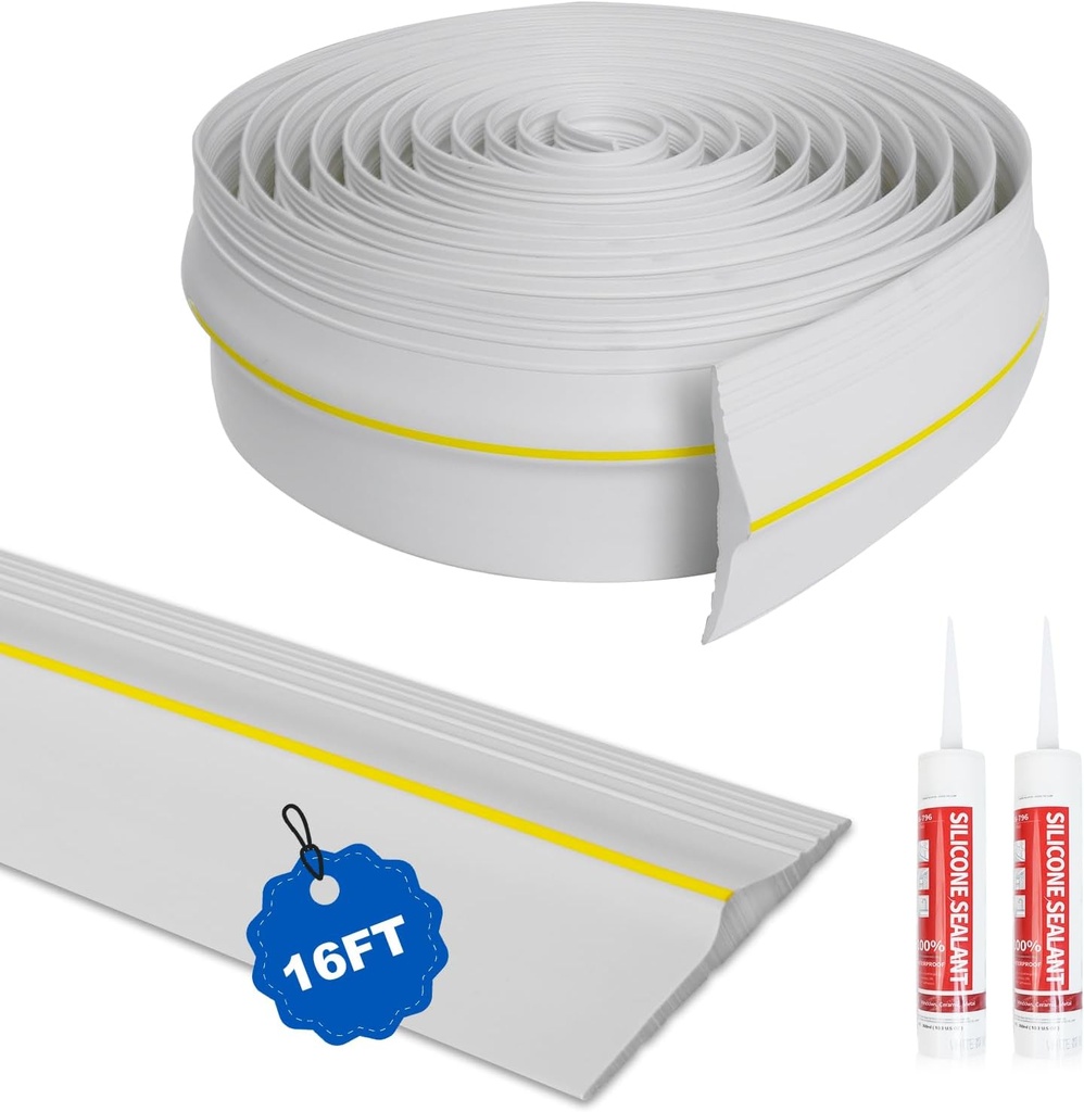 DGSL Universal Garage Threshold Seal Strip with Sealants/Adhesive, 16FT Waterproof Garage Door Bottom Rubber, DIY Garage Door Weather Stripping Replacement, White