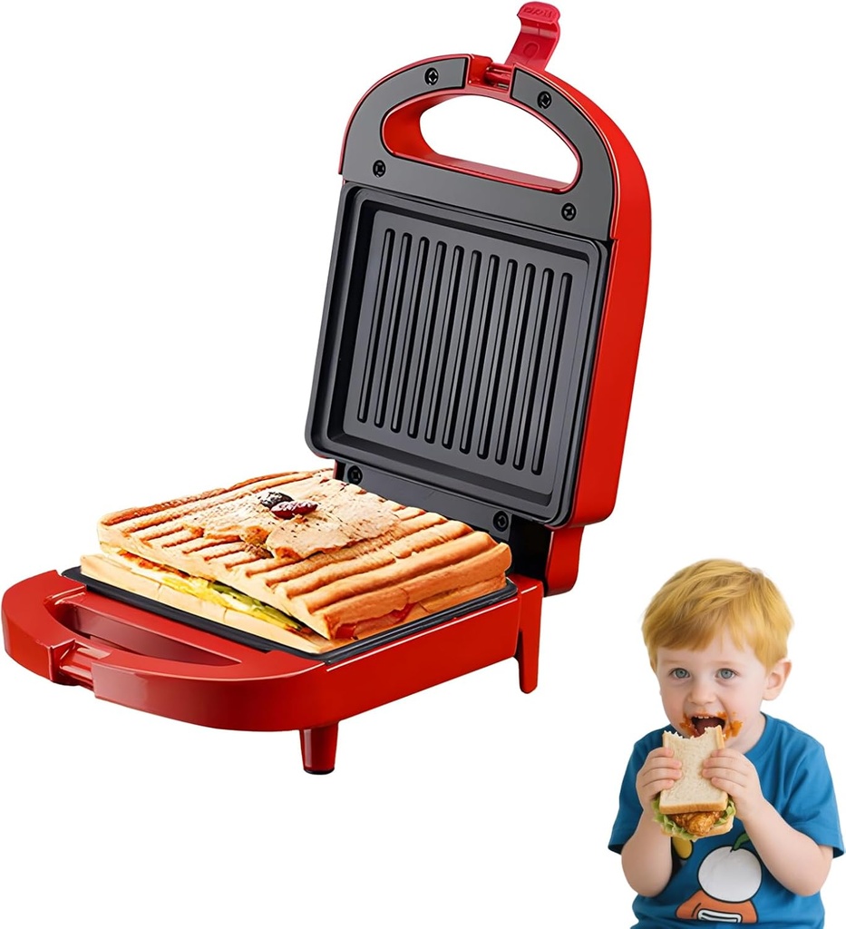Household Breakfast Griller, Mini Sandwich Maker, Electric Panini Press, Non-stick, Quick Results, Easy Cleanup, 650W (Red)