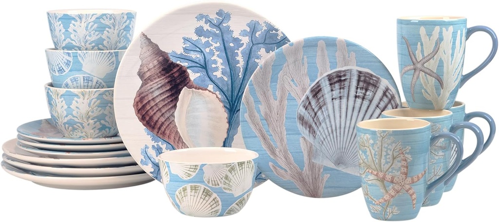 Beyond The Shore 16 Piece Dinnerware Set, Service for 4 – Earthenware Ocean-Inspired Plates, Bowls & Mugs – Durable, Microware and Dishwasher Safe – Coastal Décor Beach House Dining