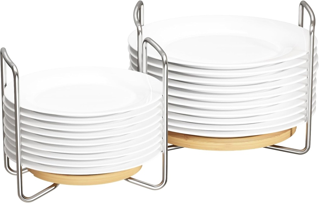 Plate Organizer for Kitchen Counter Bamboo Dish Racks for Cabinet Plate Holder for Kitchen Drawer Storage 2 Pack Adjustable for 6.75" to 8.5" Stainless Steel 304 Portable Handle